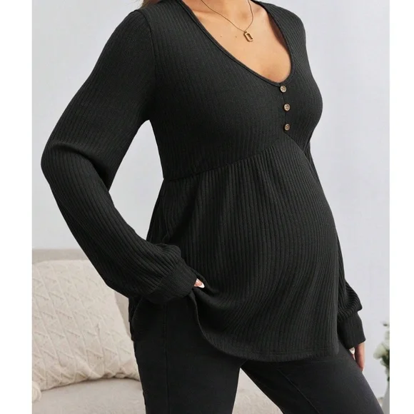 Maternity Solid V neck Button Detail Long Sleeve Top